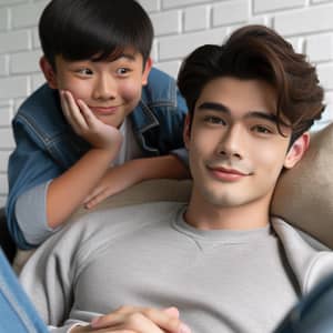 Asian Male Relaxing in Casual Clothing with Playful 12-Year-old Brother Nearby