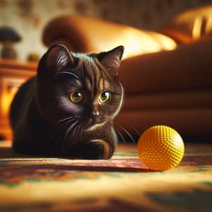 Midnight Black Cat Playing with Yellow Rubber Ball