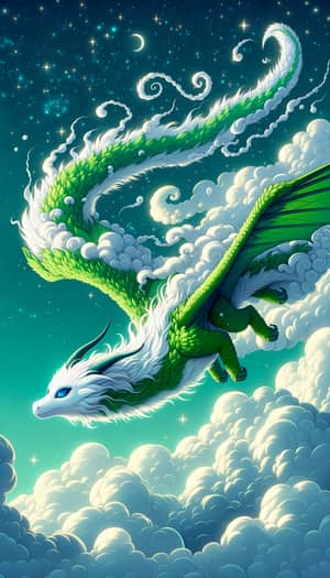 Whimsical White Scales Dragon Soaring Through Sky with Green Fur