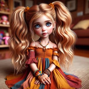 Golden-Haired Girl in Spice-Colored Dress | Charming Room Scene