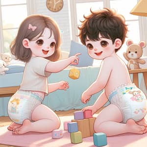 Cute 9-Year-Old Children in Pampers Baby Dry Diapers - Playful Scene