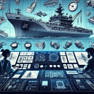 Ship Control Systems Digital Illustration | Engineers Creating Detailed Drawings
