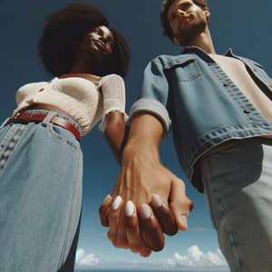 Interracial Couple Holding Hands Against Clear Blue Skies