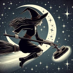 Ambiguous Descent Female Witch Flying with Polishing Machine - Sky View