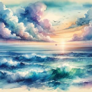 Tranquil Watercolor Seascape with Sunset Sky | Serene Ocean View