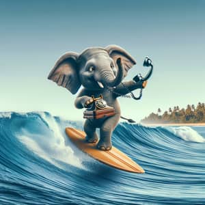 Elephant Balancing on Surfboard in Ocean Talking on Vintage Telephone