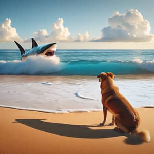 Brown Dog Barking at Shark on Beach - Dramatic Sunset Scene