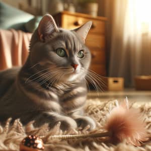 Cozy Scene: Grey Domestic Short-Haired Cat on Fuzzy Carpet
