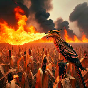 Powerful Bird Discharging Flames in Corn Field