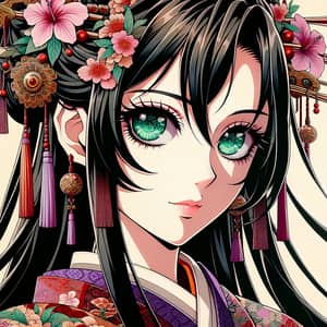 Fictional Anime Character Portrait with Long Black Hair and Emerald-Green Eyes