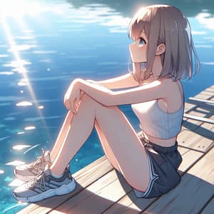 Tranquil Anime-Style Girl Enjoying Sunny Day by Waterside