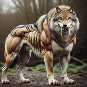 Powerful Wolf with Saber Tooth Tiger Teeth and Tiger Muscles