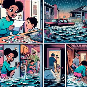 Aftermath of a Flood: Four-Panel Comic Strip Illustration