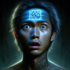 Ultra-Realistic Evolved Portraiture: Frightened South Asian Man with Glowing QR Code Tattoo
