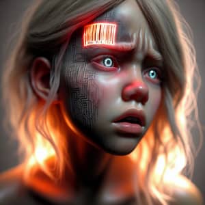 Realistic Young Girl with Glowing Red Barcode Tattoo - Intricate Detail
