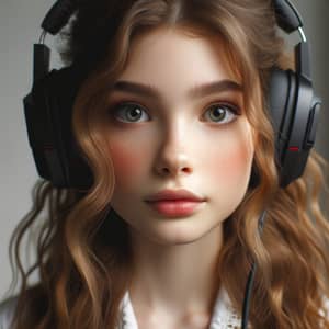 Fair-Skinned Girl with Wavy Hair and Gaming Headphones