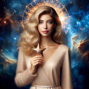 25-Year-Old Blonde Woman with Shimmering Star on Blue Sky Background
