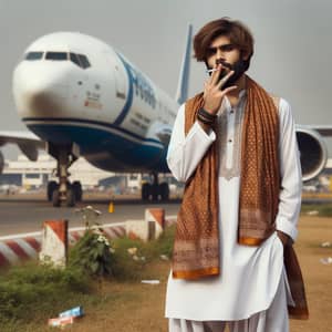 South Asian Man in Lungi at Airport with Aeroplane - Casual Relaxation
