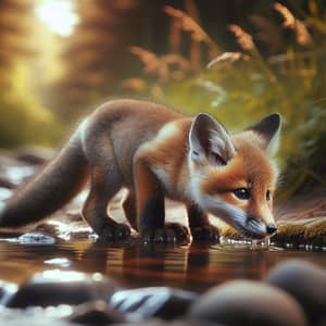 Small Fox Drinking Water by the River