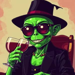 Cool Three-Eyed Alien in Black Hat Enjoying Red Wine