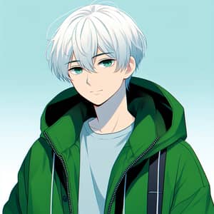 Anime Young Man with White Hair in Green Jacket | South Asian Descent
