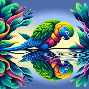 Vibrant Parrot Reflection in Pond | Modern Art Style