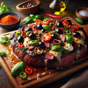 Succulent Steak with Pizza Toppings on Wooden Board
