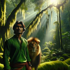 South Asian Man in Vibrant Green Shirt Encounters Majestic Lion in Jungle