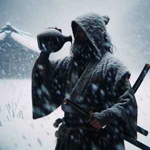 Asian Warrior in Snowfall Holding Wine Jug | Tranquil Winter Scene