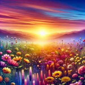 Youthful Vibrancy: Sunrise Over Vibrant Landscape with Colorful Wildflowers