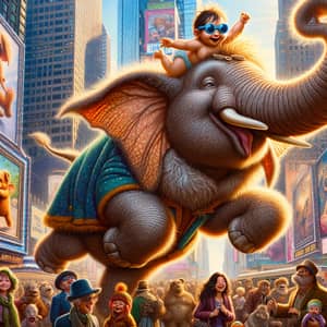 Flying Elephant Carrying Baby with Sunglasses in Times Square