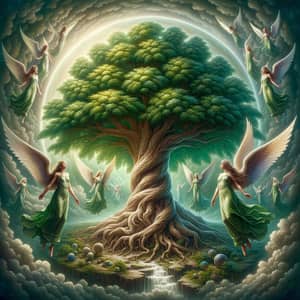 Tree of Life: Heavenly Scene with Lush Greenery and Ethereal Angels