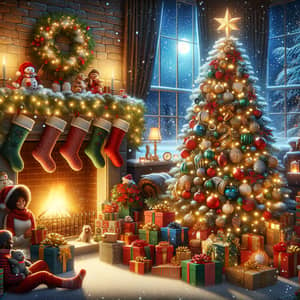 Festive Christmas Scene with Adorned Tree & Fireplace