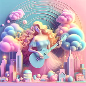 Dreamy Album: Pop Singer with Golden Hair Dancing in Cotton Candy Clouds