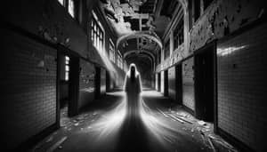 Eerie Black and White Photography of Spectral Figure in Abandoned School