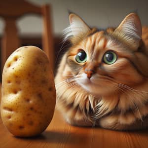 Curious Cat Observing Potato on Hardwood Table