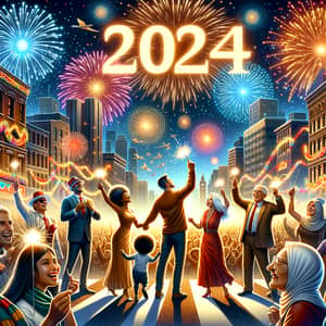 Diverse New Year Celebration with Fireworks Display 2024