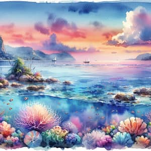 Ocean Dream Watercolor Fantasy Seascape at Dusk