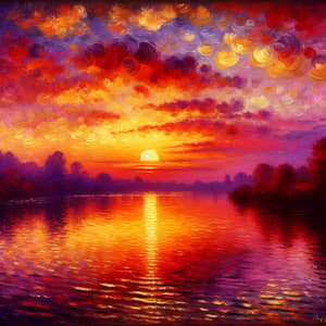 Tranquil Lake Sunset Painting | Monet Style Artwork