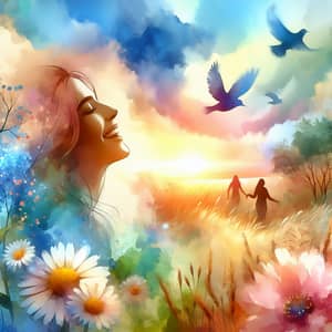 Serene & Uplifting Watercolor Scene | Vibrant Happiness Emotion