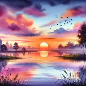 Tranquil Sunset Watercolor Painting