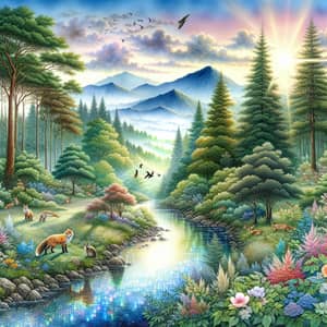 Serenely Flowing Stream Watercolor Painting with Wildlife and Mountain View