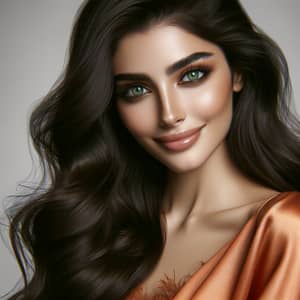 Stunning Middle-Eastern Woman with Long Dark Brown Hair | Orange Silk Gown