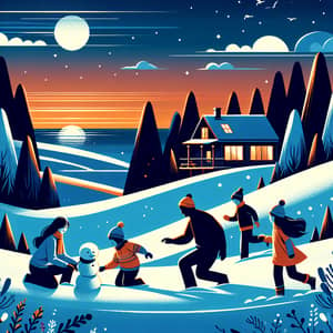 Snowy Landscape Evening Scene with Tree Silhouettes and Happy Figures