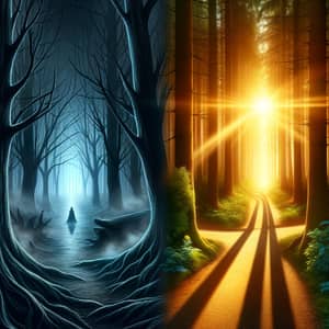 Forest Crossroads: Ominous Darkness vs. Flourishing Brightness