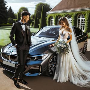 South Asian Groom Showcases Metallic Navy Blue BMW to Caucasian Bride
