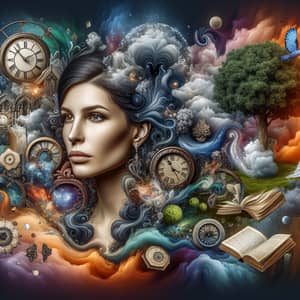 Surreal Realistic Photo: Woman Surrounded by Vivid Surreal Elements