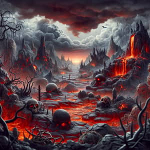 Terrifying Landscape Visualization of Hell with Molten Lava & Ominous Clouds