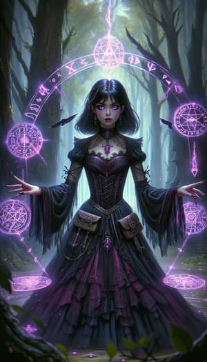 Dark Fantasy Sorceress in Gothic Dress - Magical Forest Art