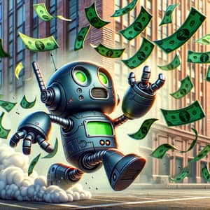 Energetic Cartoonish Robot Chasing Green Currency Bills